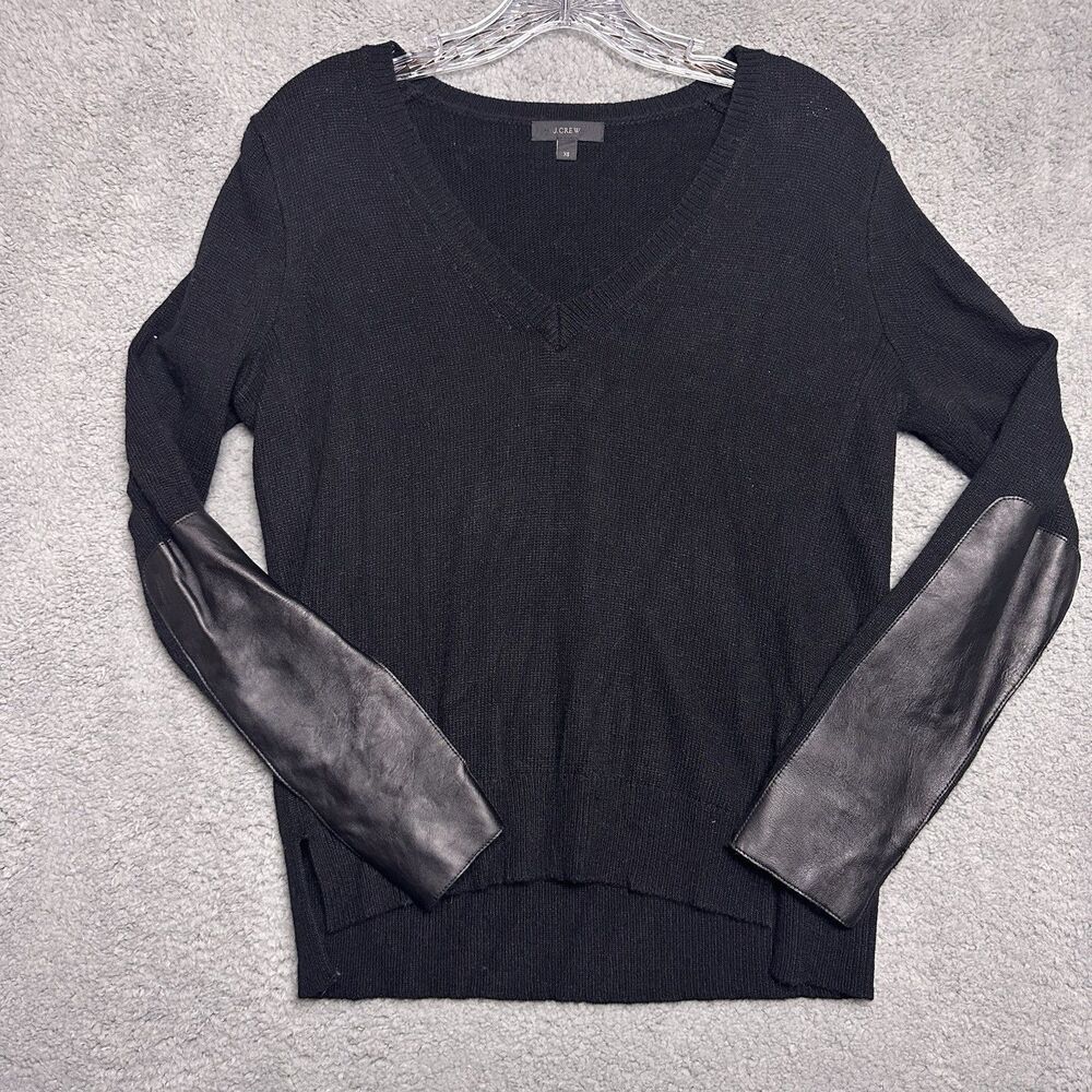 J CREW Women V Neck Sweater XS Black Wool Leather Arm Sleeve Minimal Capsule